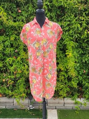 Coral Pineapple Print Linen Blend Button-Up Shirt Dress S